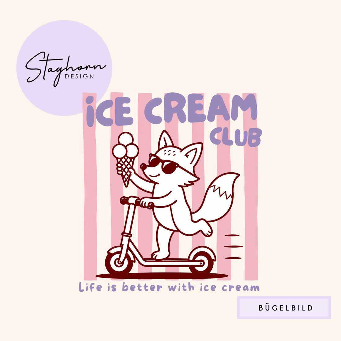 NEU!!! Bügelbild *Ice Cream Club Rosa* Staghorn exklusiv Eigenproduktion