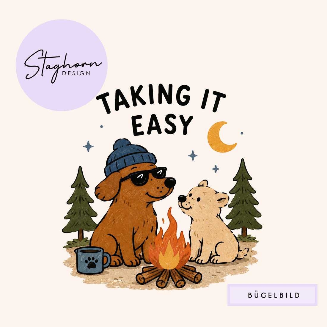 NEU!!! Bügelbild *Taking it easy Lagerfeuer* Staghorn exklusiv Eigenproduktion